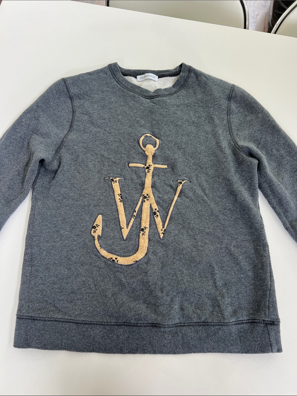J.W.ANDERSON long sleeve crewneck fleece anchor logo sweatshirt gray and tan